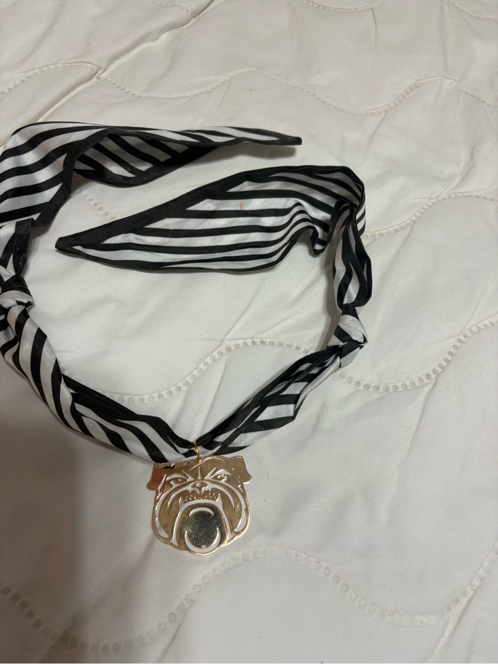 Striped Black & White Scarf Necklace with Gold Bulldog Pendant